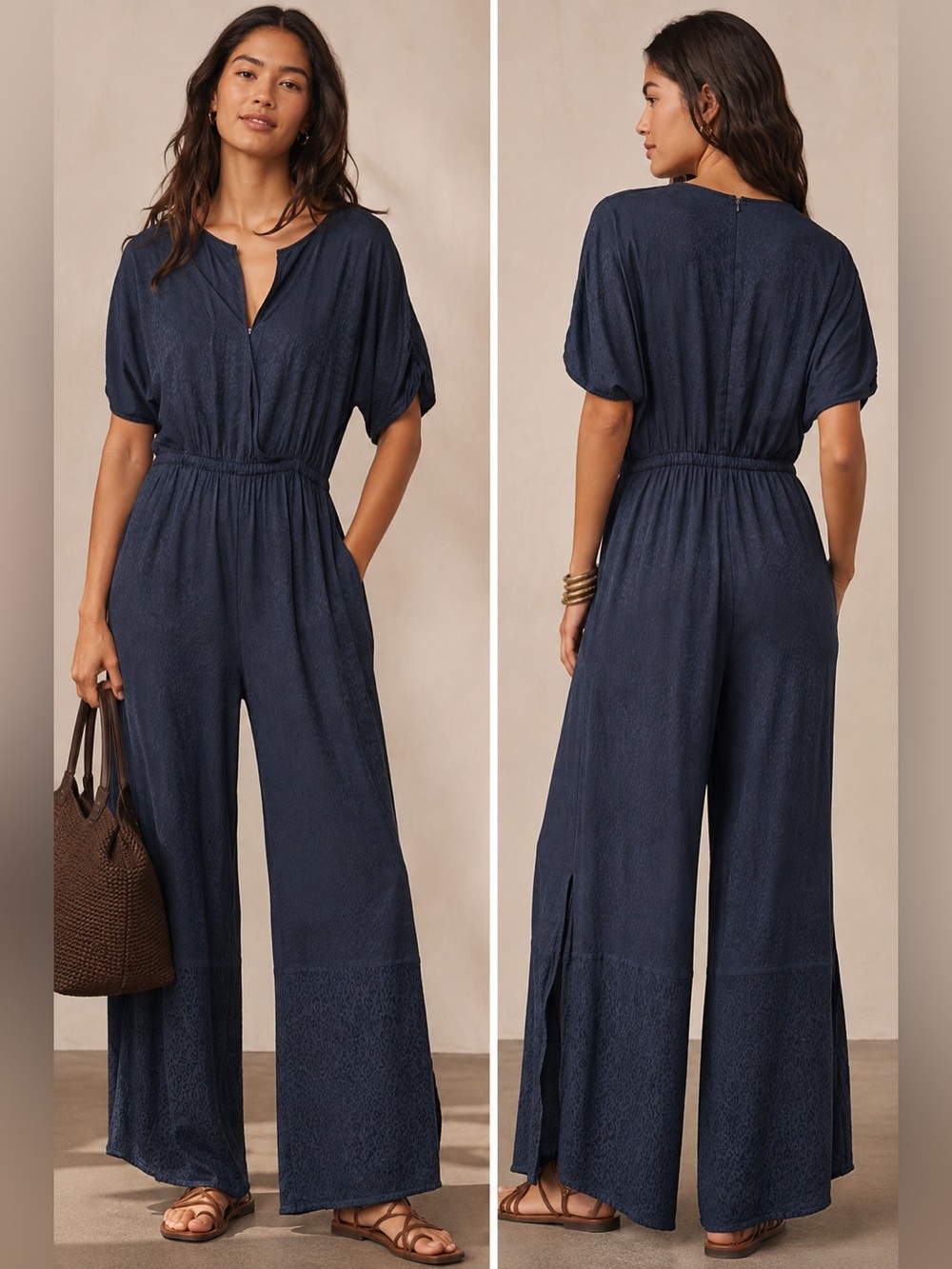 Anthropologie Maeve Navy Jacquard Wide Leg Jumpsuit Size Small